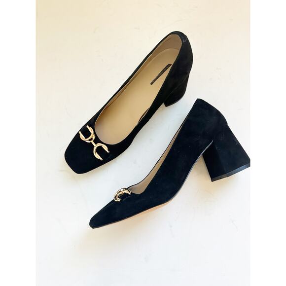 NWOB Ann Taylor Chain Suede Block Heel Black Gold 8 - Picture 1 of 5